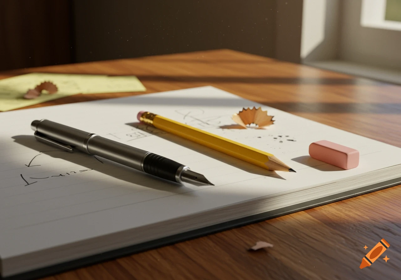 Photorealistic close-up of a silver pen, yellow pencil, and pink eraser on a notepad with writing, on a wooden desk with sunlight.