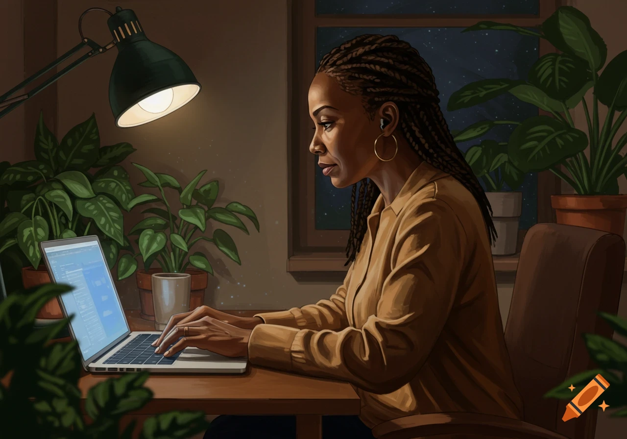 An African American woman with braided hair works on a laptop at a desk in a dimly lit room, digital illustration.