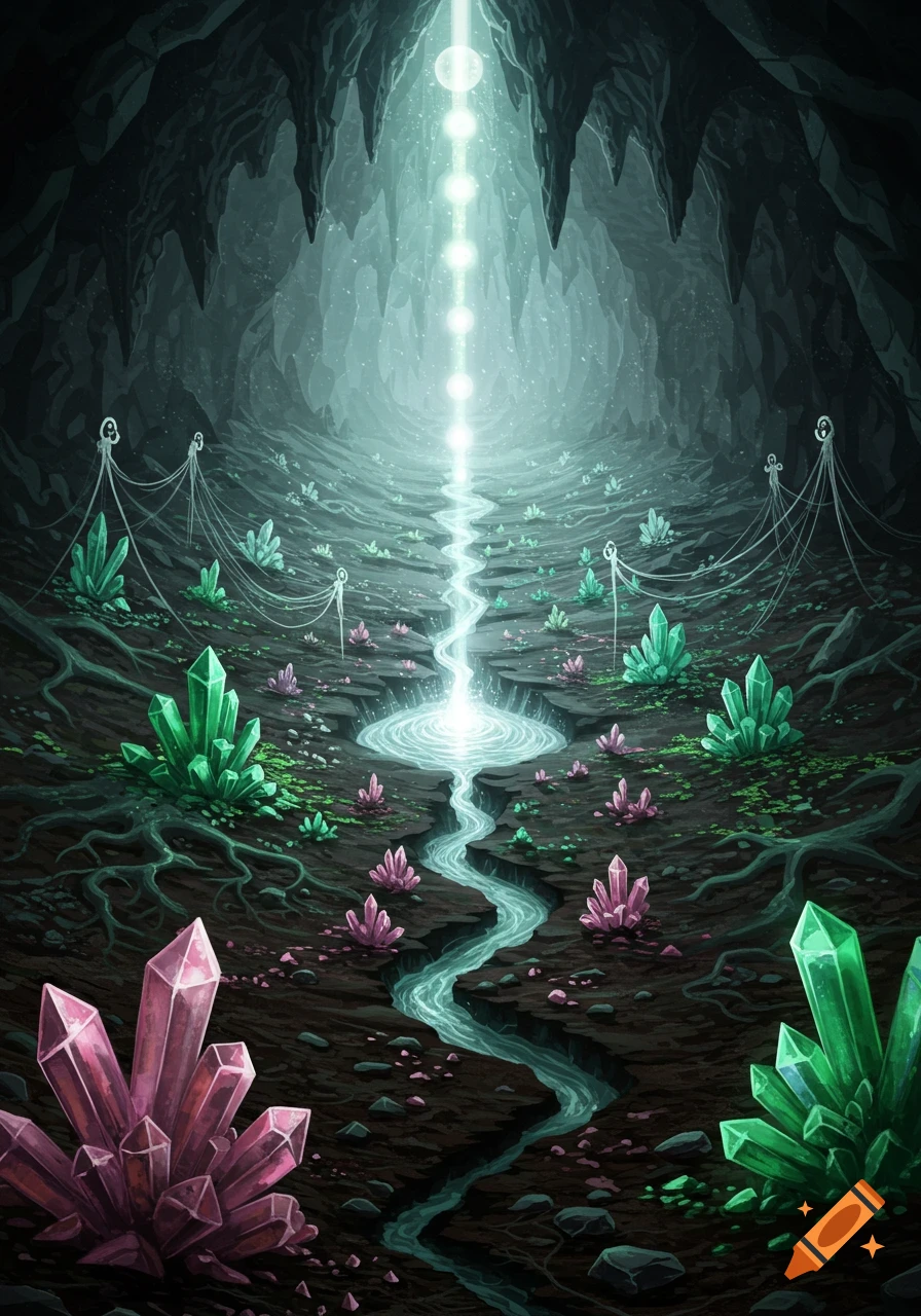 A vibrant fantasy cave with glowing crystals and a luminous beam of light flowing into a winding river.