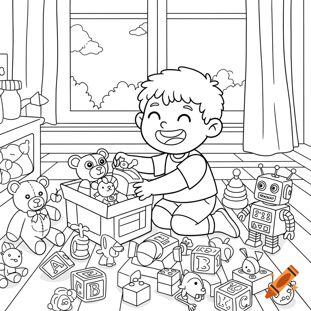 Black and white cartoon line art of a smiling child on the floor tidying up toys in a room.