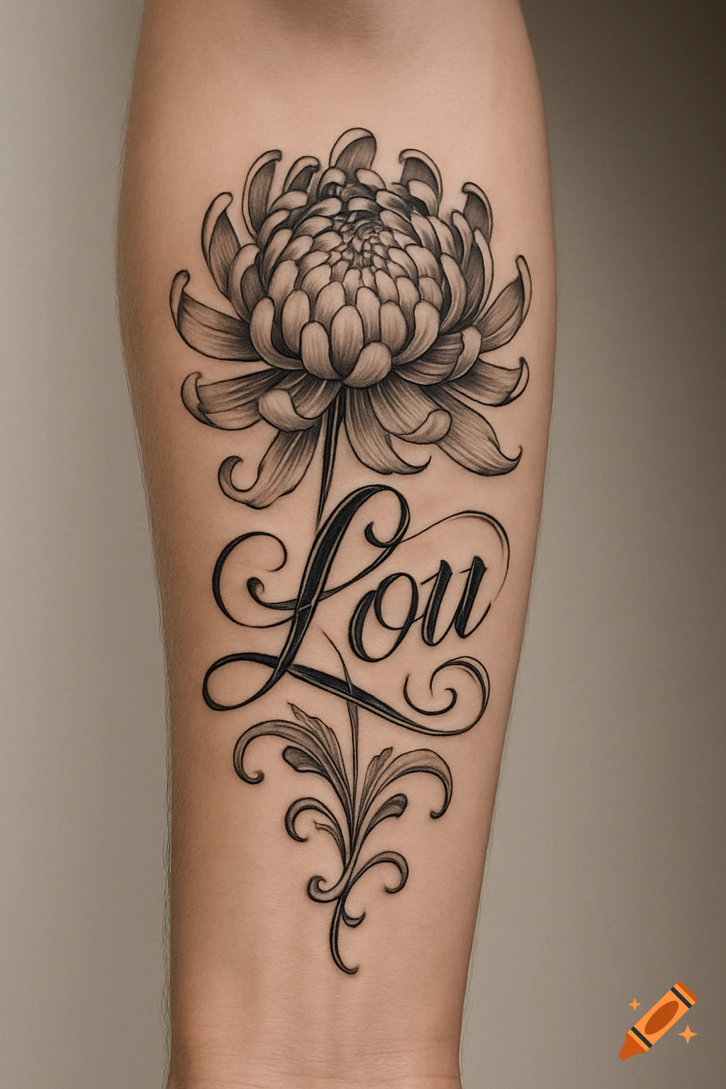A black and grey chrysanthemum flower tattoo with the name "Lou" in delicate calligraphy, on an arm.