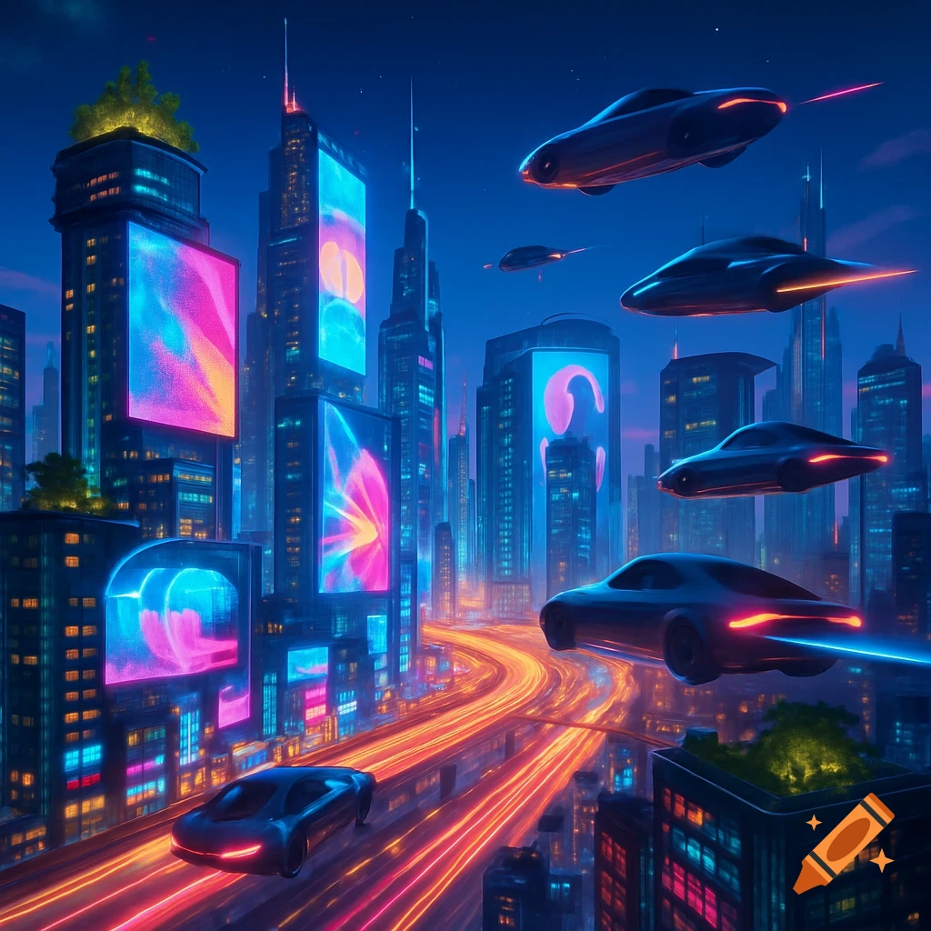 A vibrant, futuristic city at night with towering skyscrapers, neon billboards, and flying cars on illuminated roads and in the sky.
