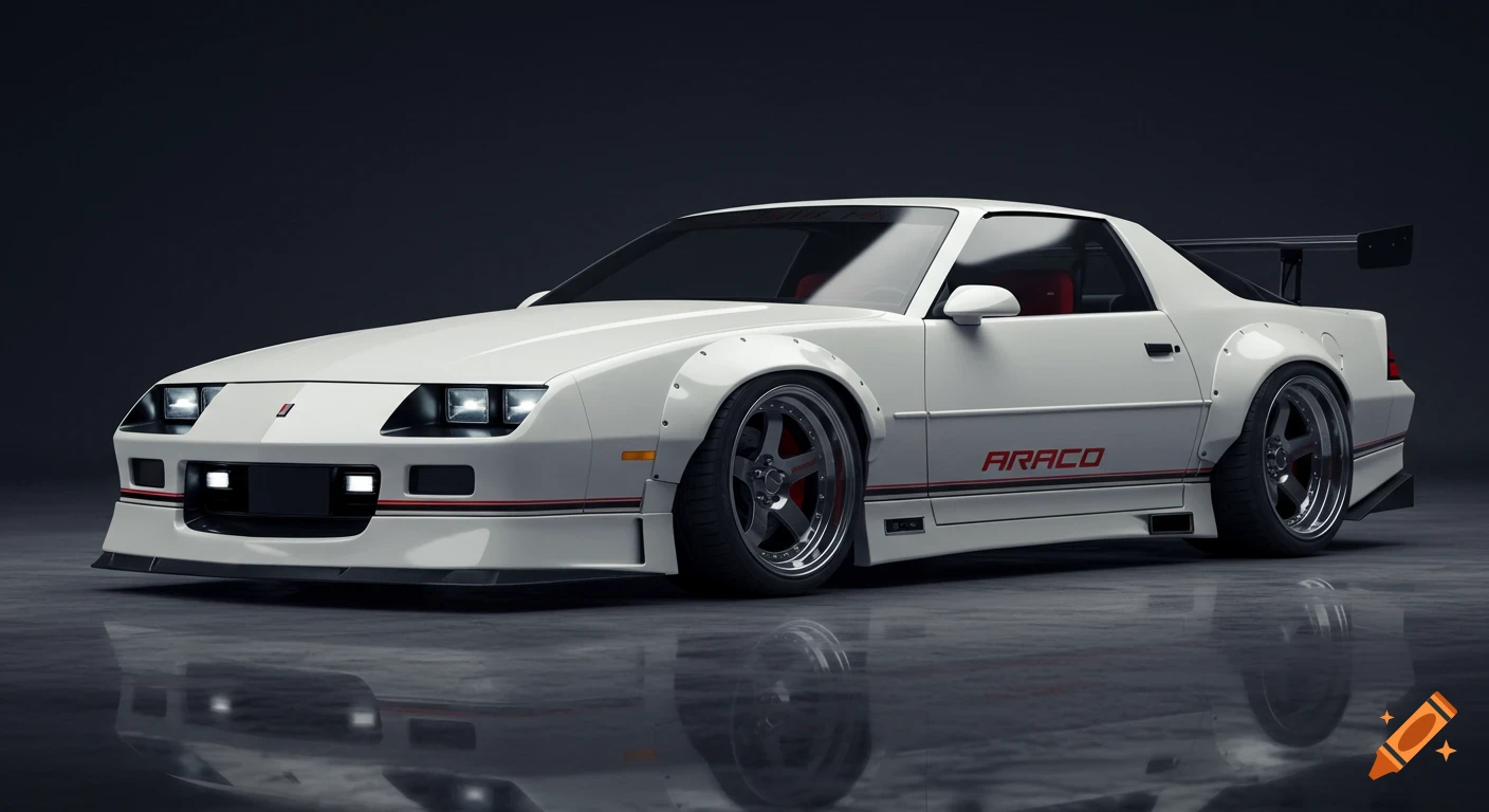 A sleek white 1987 Camaro IROC widebody race car with red accents, large wheels, and a spoiler, in a studio setting.