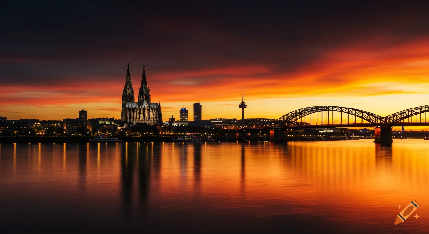 Cologne cityscape at sunset with cathedral, Hohenzollern Bridge, and colorful sky reflected in the Rhine River.