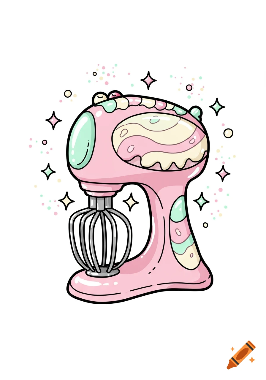 A cartoon-style pink electric mixer with pastel swirling patterns, surrounded by stars and sparkles, on a white background.