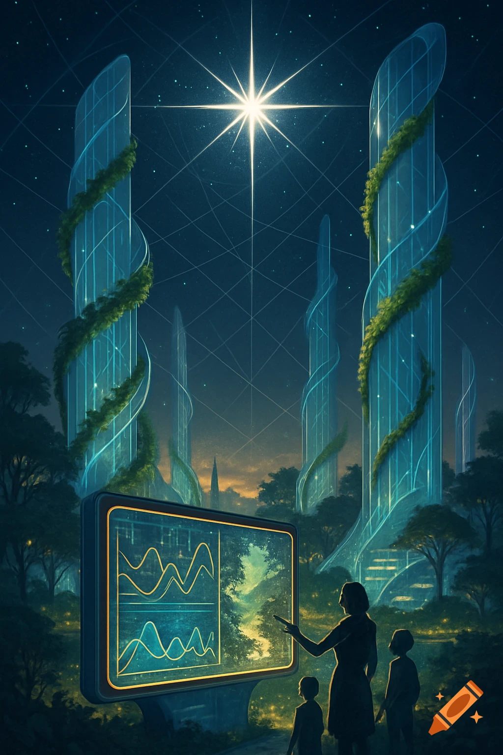 A futuristic cityscape with glowing, vine-covered skyscrapers under a starry night. Silhouetted figures look at a large glowing screen displaying abstract graphs.