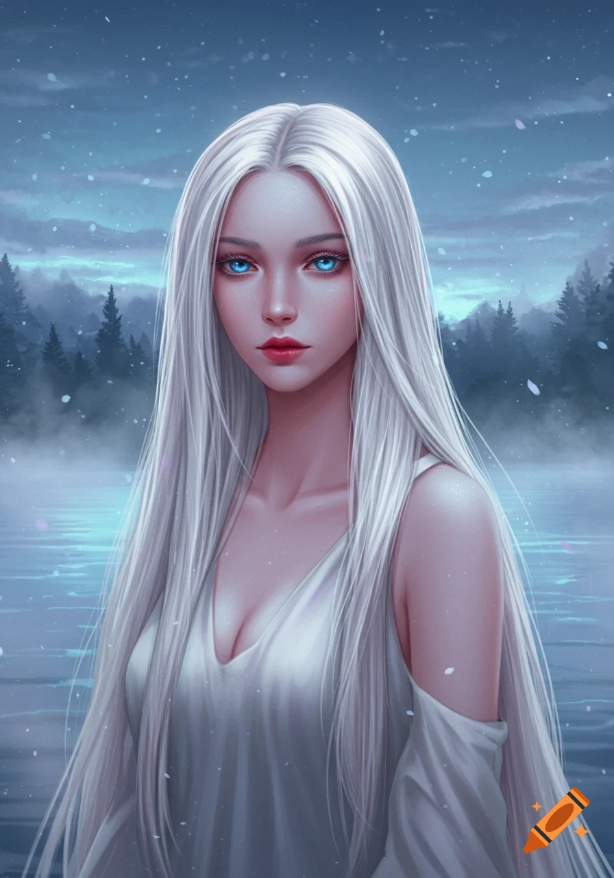 Digital painting of a woman with long platinum hair and piercing blue eyes, wearing a white dress, standing in misty water with snowy trees in the background.
