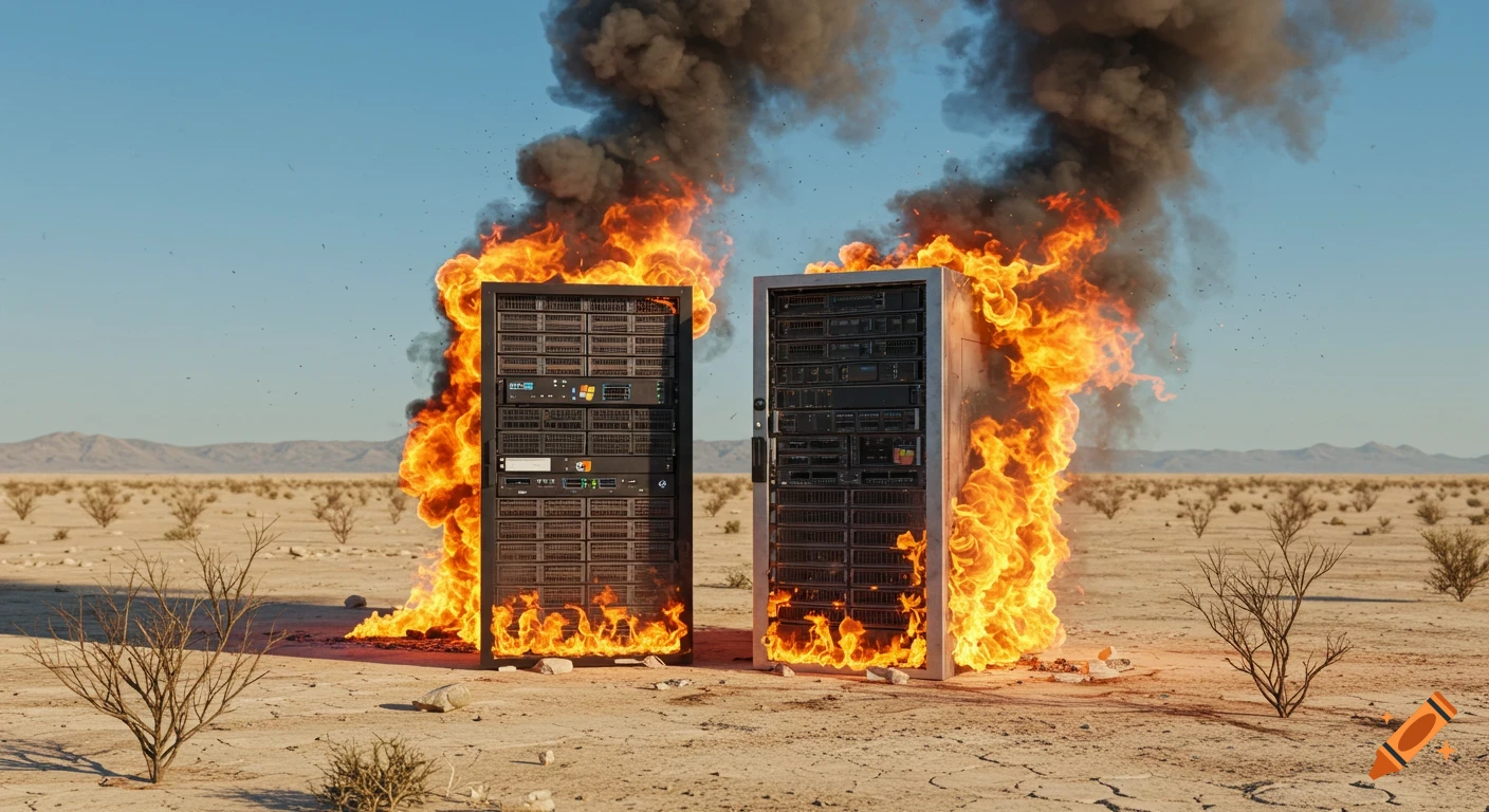 Two burning server racks in a desolate desert landscape under a clear blue sky, with smoke rising.