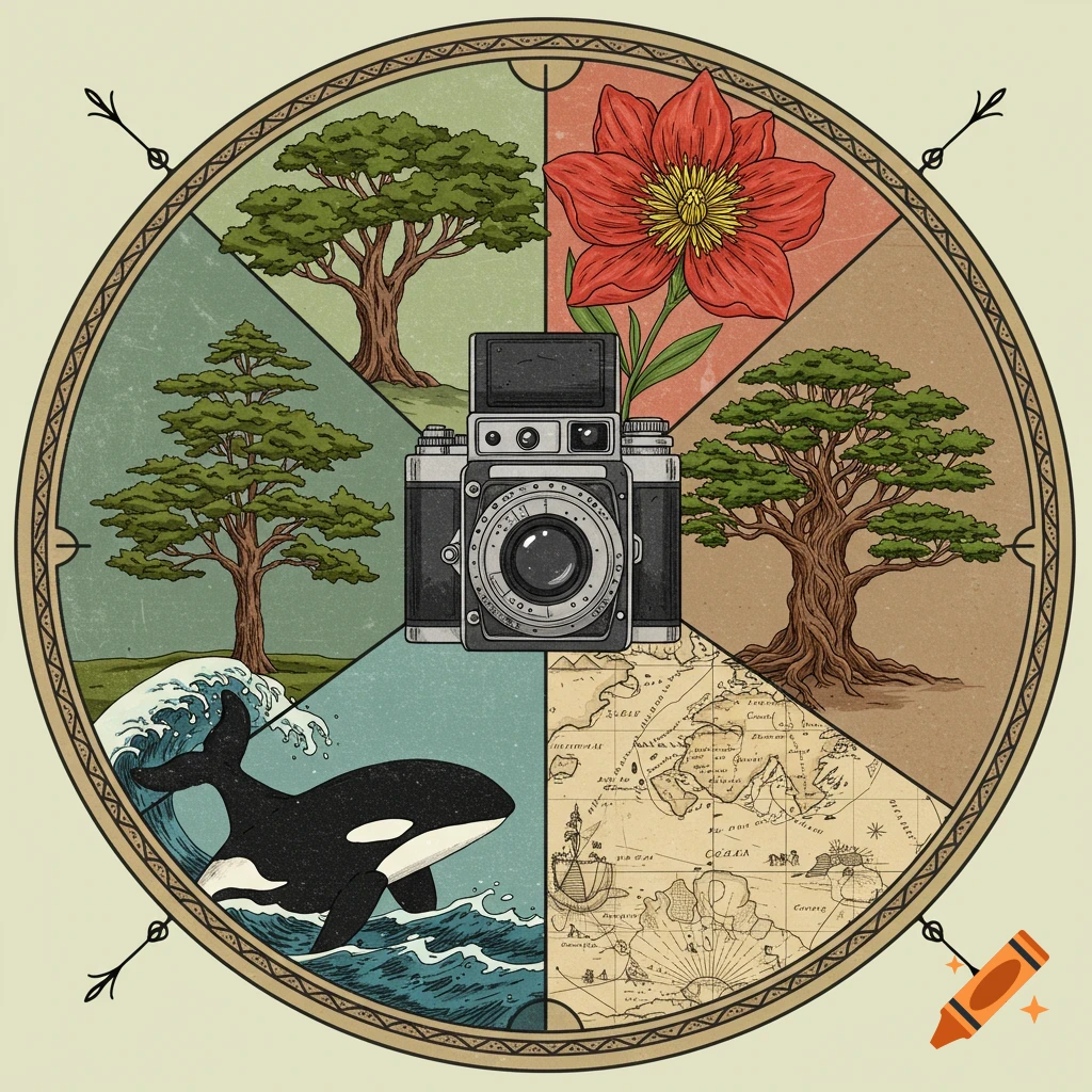 Circular vintage-style illustration with a camera, red flower, trees, orca, and map.