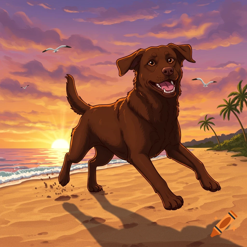 Cartoon chocolate Labrador running on a sandy beach at sunset.
