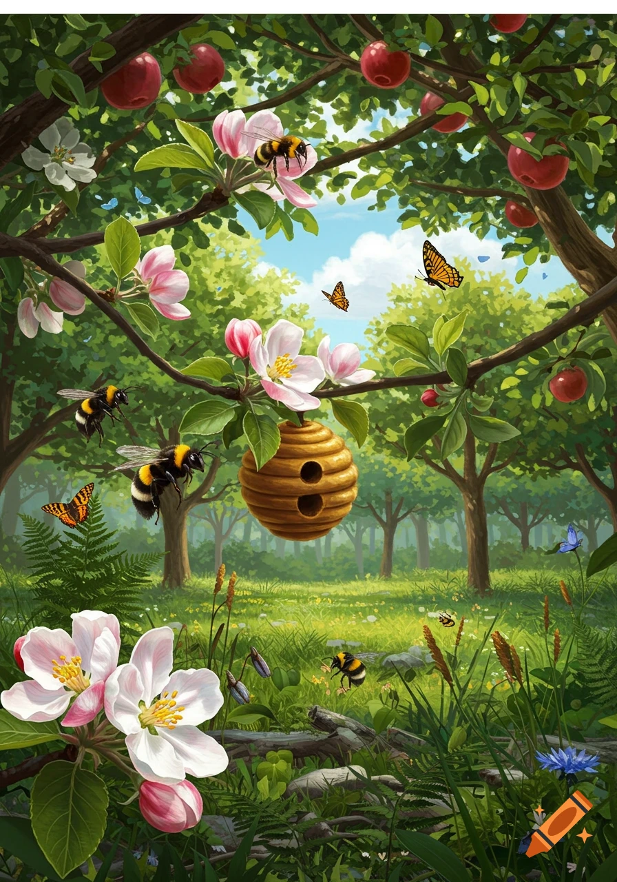 Lush apple tree forest ecosystem with buzzing bees, colorful butterflies, pink blossoms, red apples, and a wooden beehive.