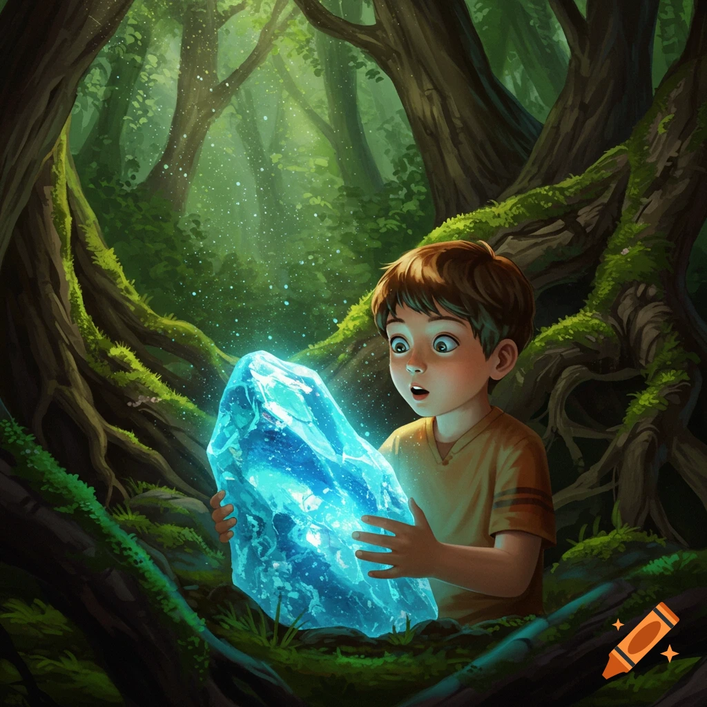 An illustrated young boy looks surprised while holding a large, glowing blue crystal in a mystical forest.