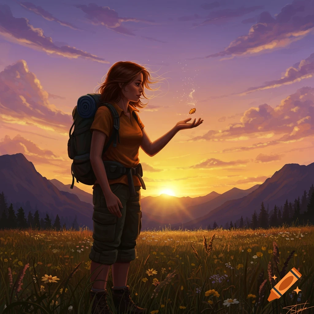 A woman hiker with a backpack holds a glowing object in her hand at sunset in a field with mountains, digital art.