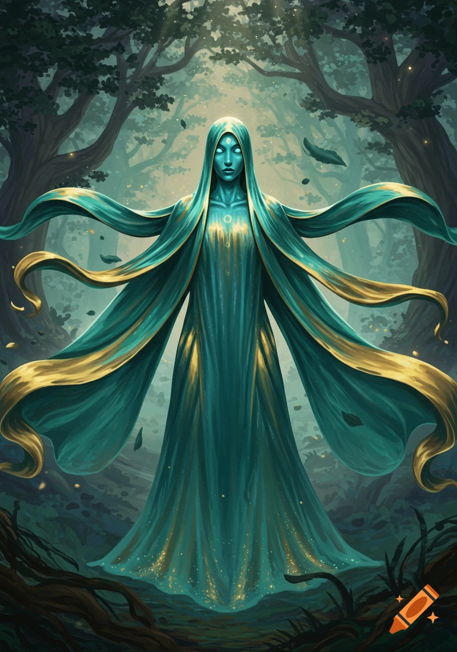 An ethereal figure with teal skin and glowing eyes stands in a dark forest, wearing flowing teal and gold robes.