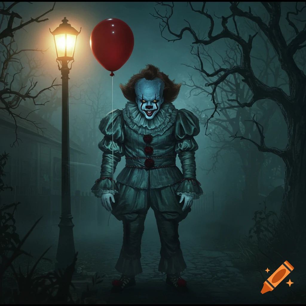 Pennywise the clown stands in a foggy, spooky alley holding a red balloon, illuminated by a glowing lamppost.
