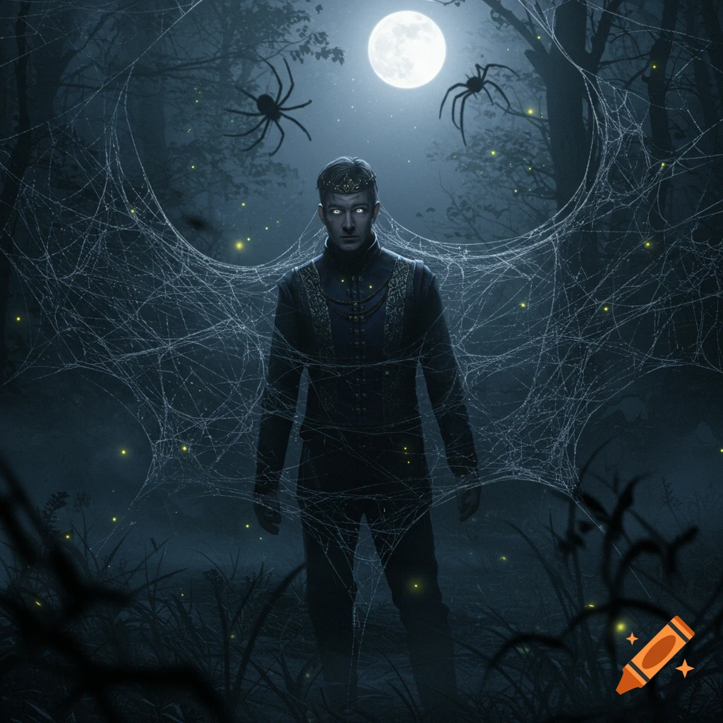 A man stands amidst glowing spiderwebs in a dark, moonlit forest, with large spiders overhead.