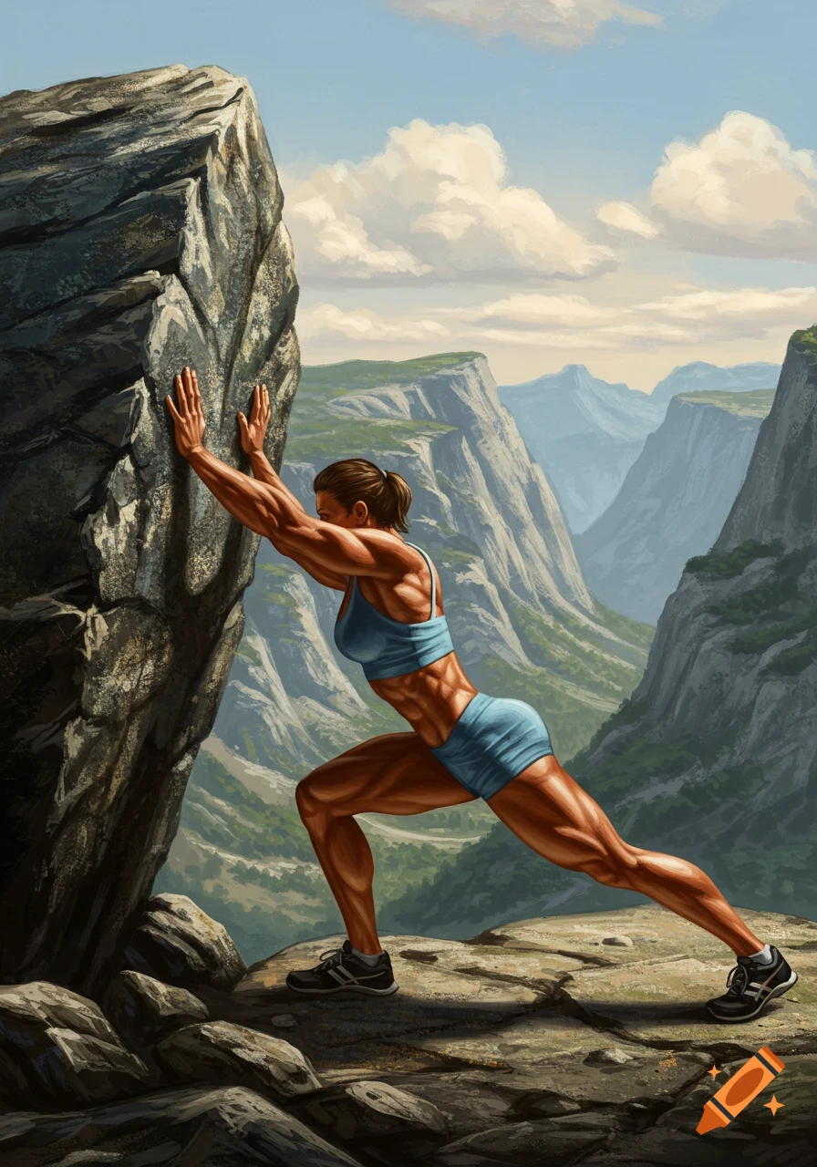 Muscular woman in sports attire pushes a large boulder in a dramatic mountain valley, digital art.