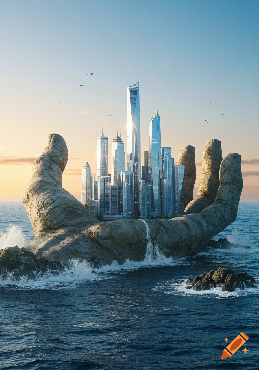 Gigantic rocky hand emerging from ocean, cradling a modern glass city in its palm at sunset, photorealistic.
