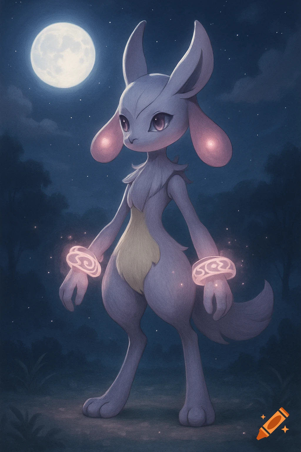 A lavender anthropomorphic creature with large ears and glowing bracelets stands in a dark forest under a full moon, digital fantasy art.