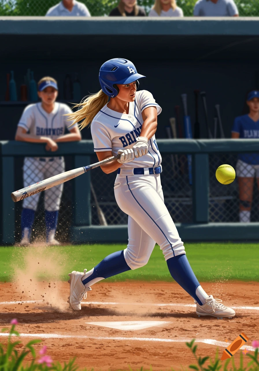 An illustration of a blonde softball player in a white and blue uniform hitting a yellow ball on a dirt field.
