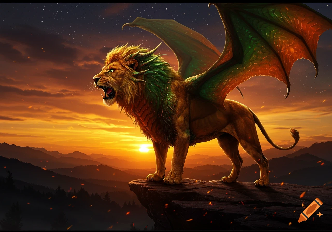 A majestic lion-dragon hybrid with green and gold mane roars on a rocky cliff, overlooking mountains at a fiery sunset. Fantasy digital art.