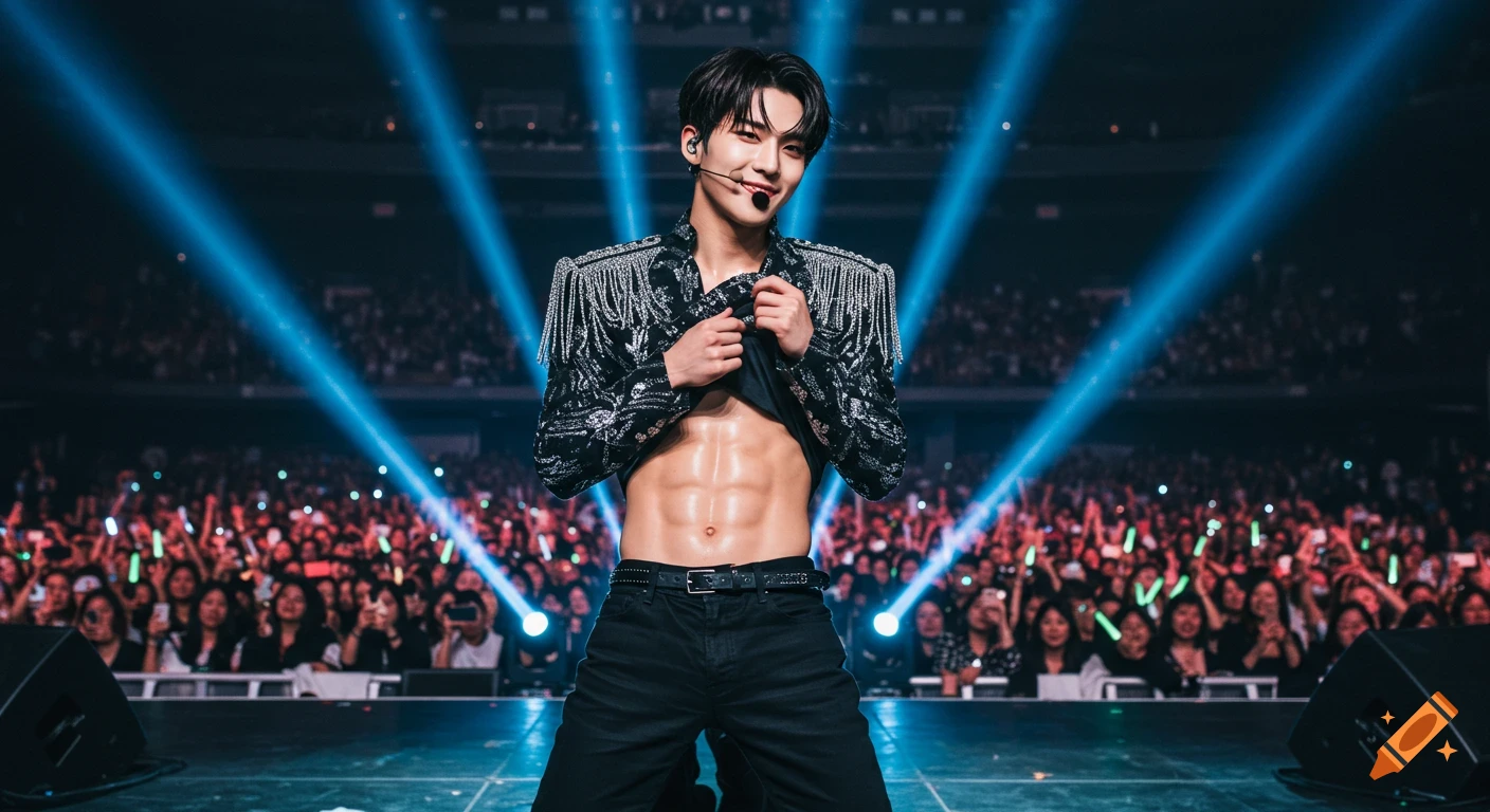 A K-pop idol on stage lifts his shirt to reveal toned abs, surrounded by cheering fans and blue spotlights.