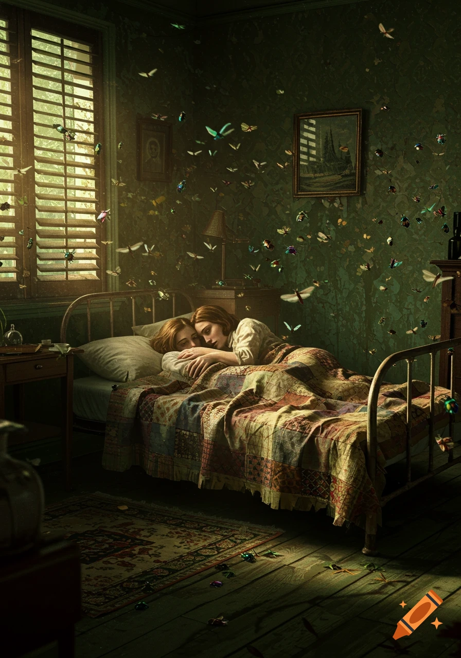 Two women cuddle under a quilt in a dark, green bedroom filled with a swarm of colorful flying insects and bugs.