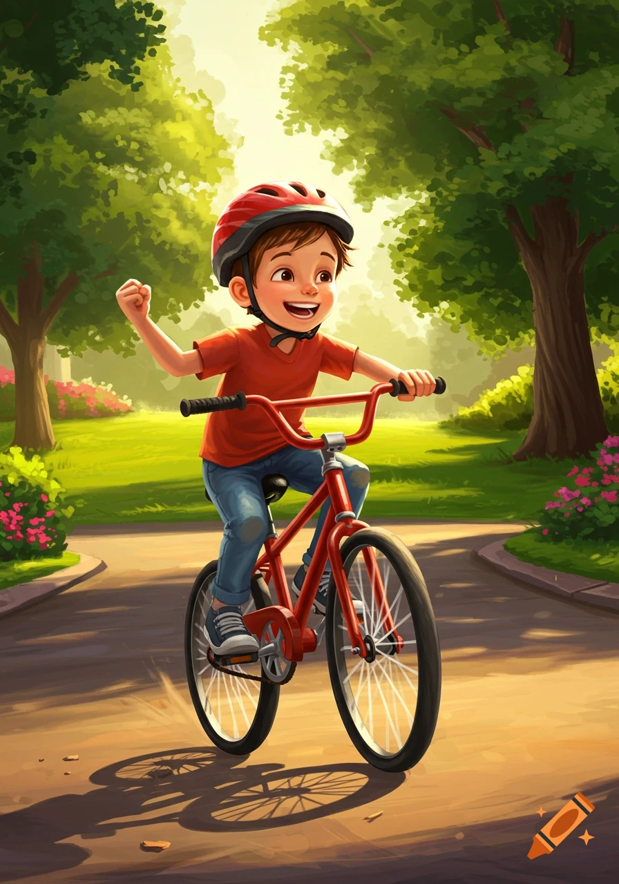 A happy cartoon boy in a red helmet and shirt rides a red bicycle with his fist pumped on a sunny park path.