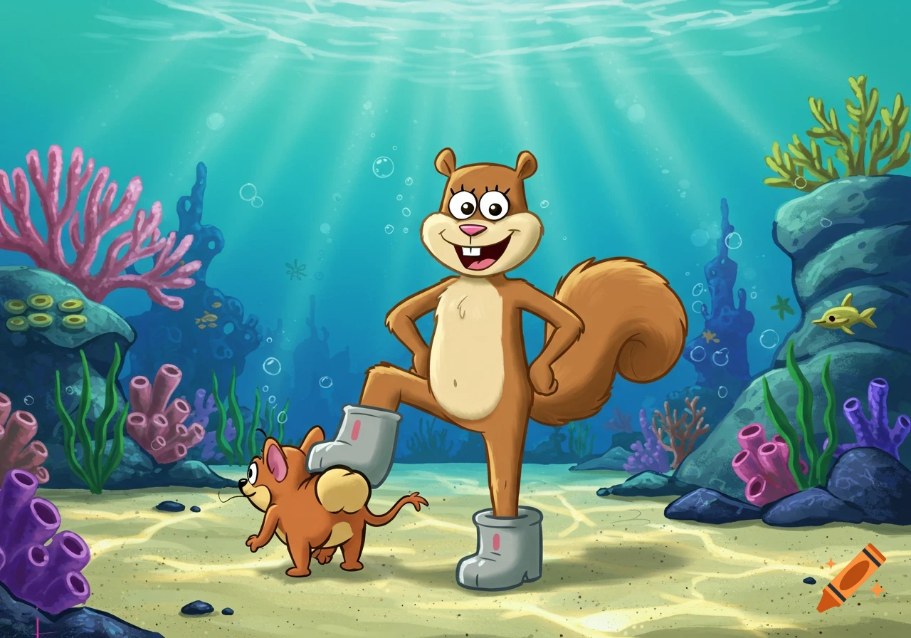 Sandy Cheeks from Spongebob SquarePants stands with her foot on Jerry the mouse's behind in a vibrant underwater cartoon scene.