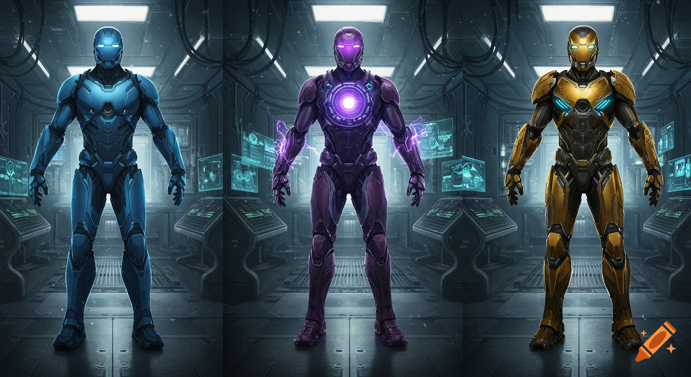 Three futuristic armored figures, blue, purple, and gold, stand in a high-tech lab with glowing screens. Detailed, sci-fi art.