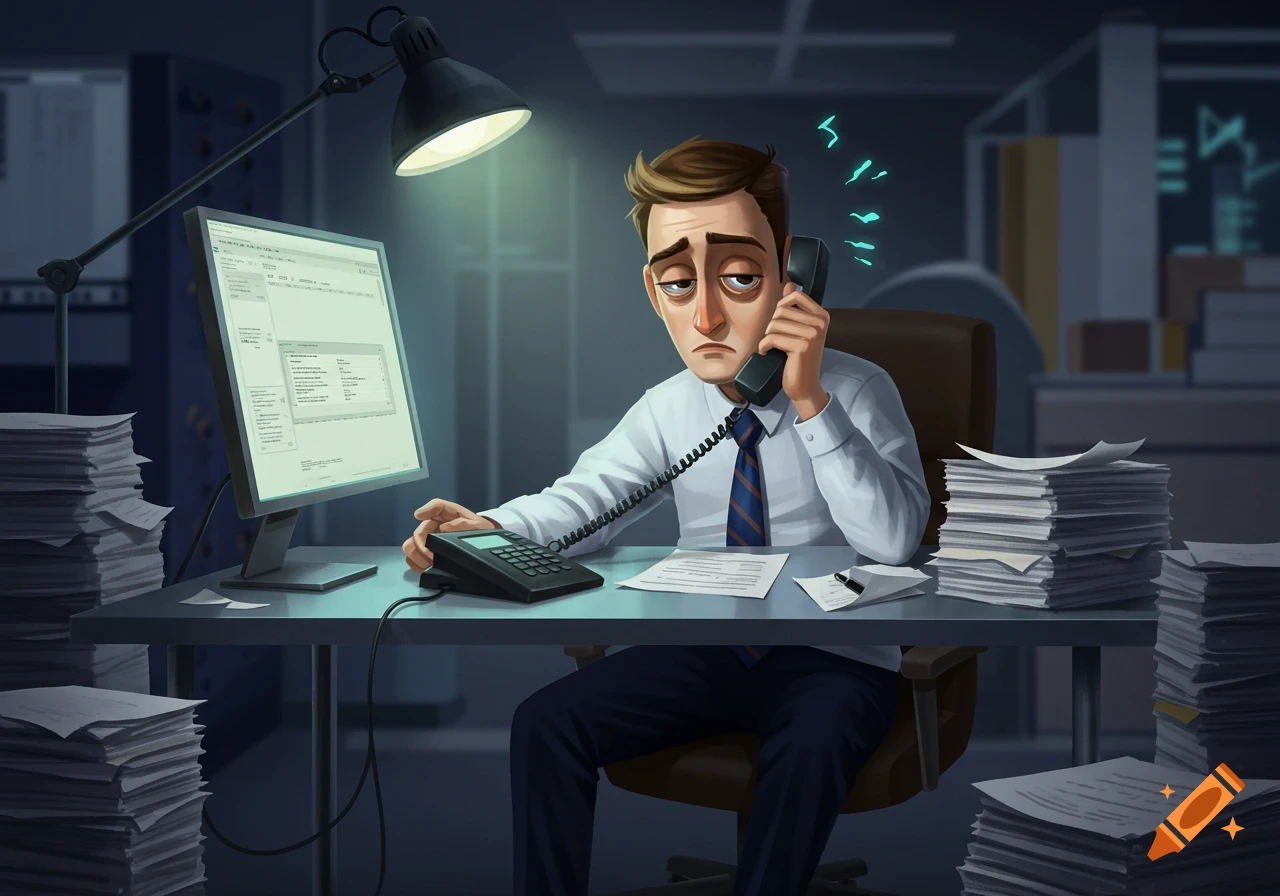 A tired, annoyed employee in a white shirt and tie sits at a desk under a lamp, holding a phone to his ear, surrounded by stacks of papers and a computer screen, in a digital illustration style.