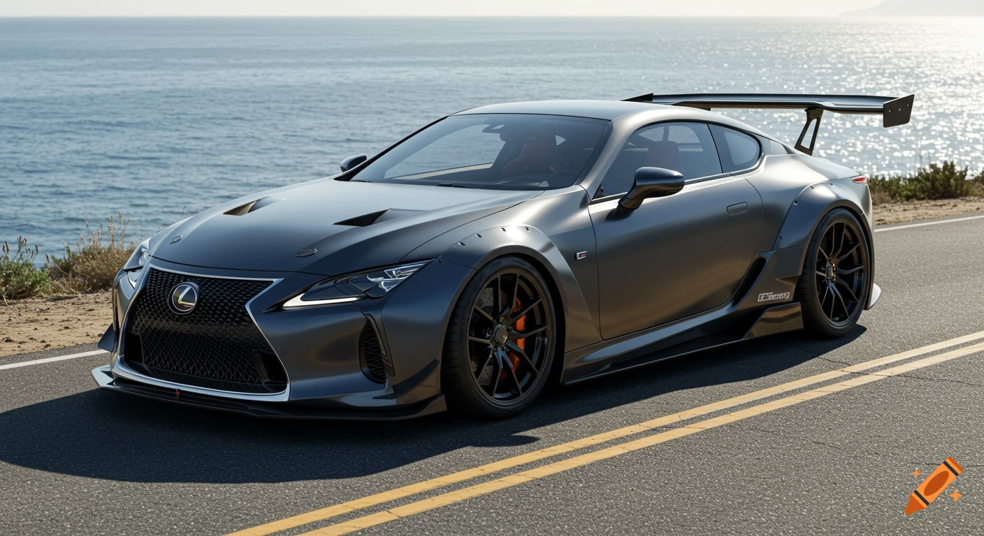 A matte gray, wide-body Lexus sports car with a large rear wing parked on a coastal road overlooking the ocean.