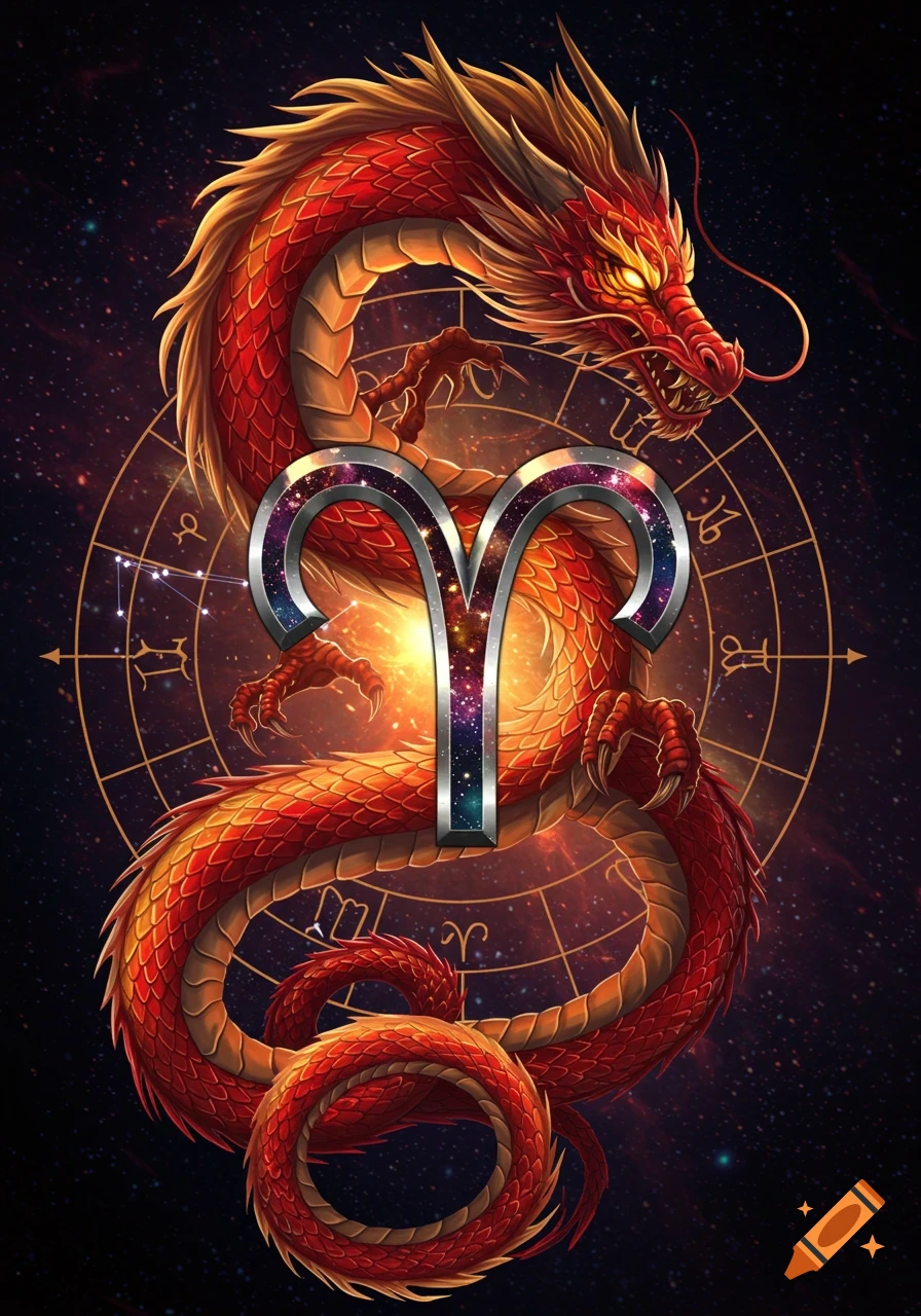 Fiery red dragon wrapped around a glowing Aries zodiac symbol on a starry celestial background.