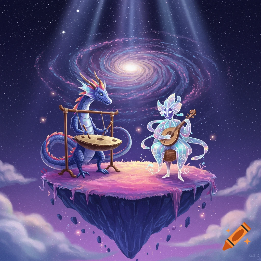 A blue dragon plays a handpan and a glowing fairy-like creature plays a lute on a floating island in a vibrant starry galaxy, whimsical illustration.
