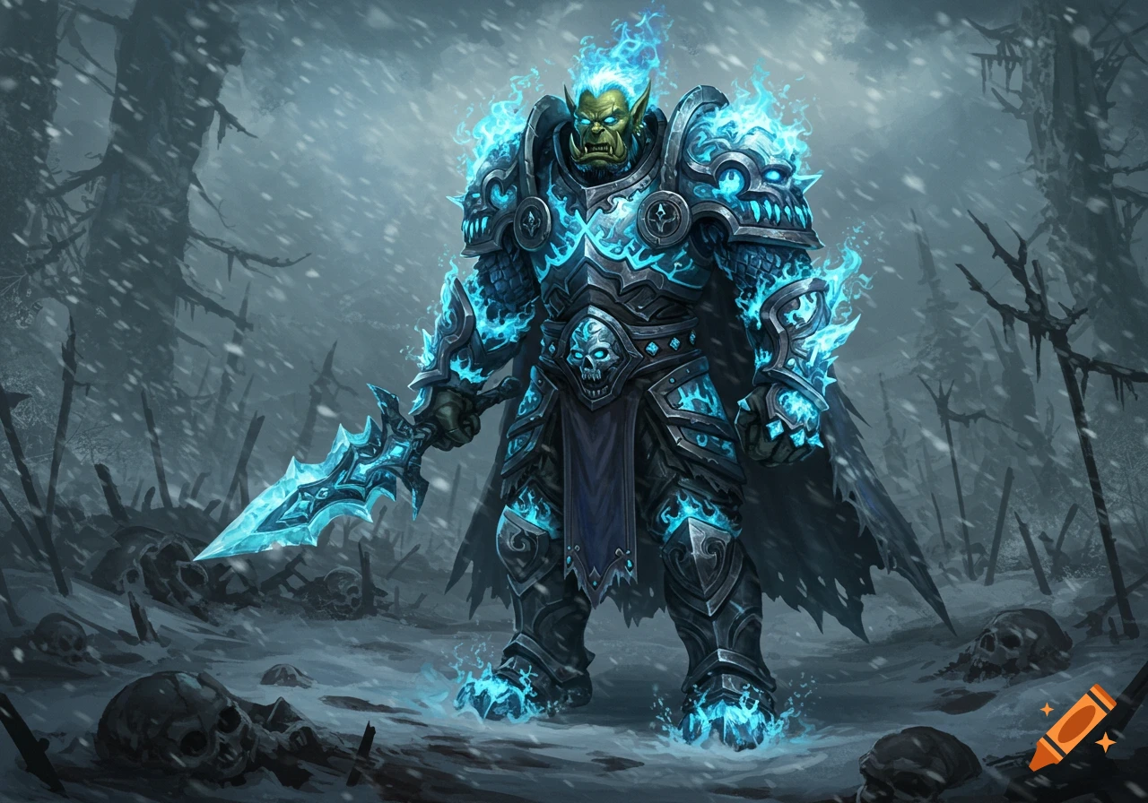 An imposing green orc death knight in glowing blue ice-flaming armor holds a sword in a snowy, skull-strewn landscape.