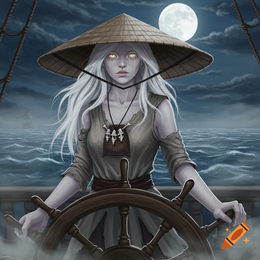 An albino lady pirate with glowing yellow eyes and white hair steers a ship at night under a full moon, wearing a tattered dress and conical hat.