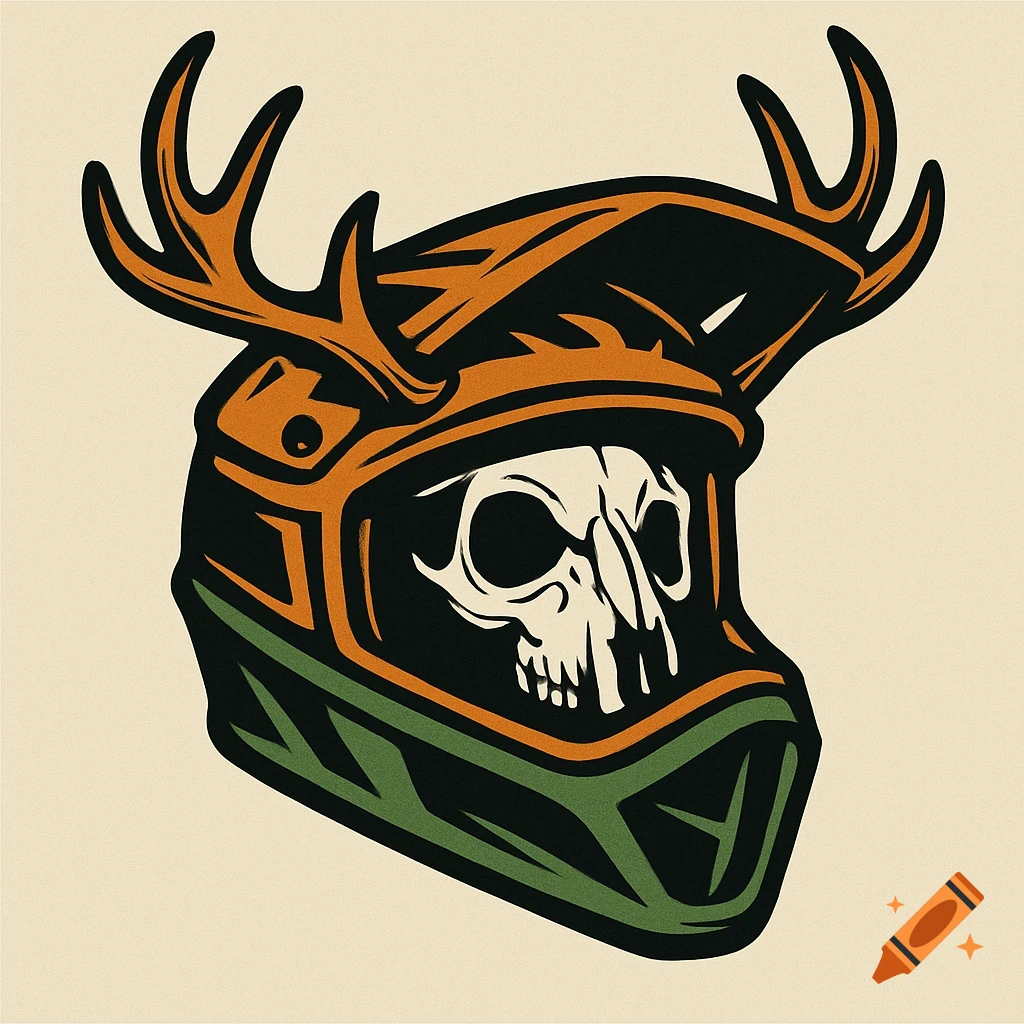 Stylized logo of a deer skull wearing a mountain bike helmet with antlers on a light background.