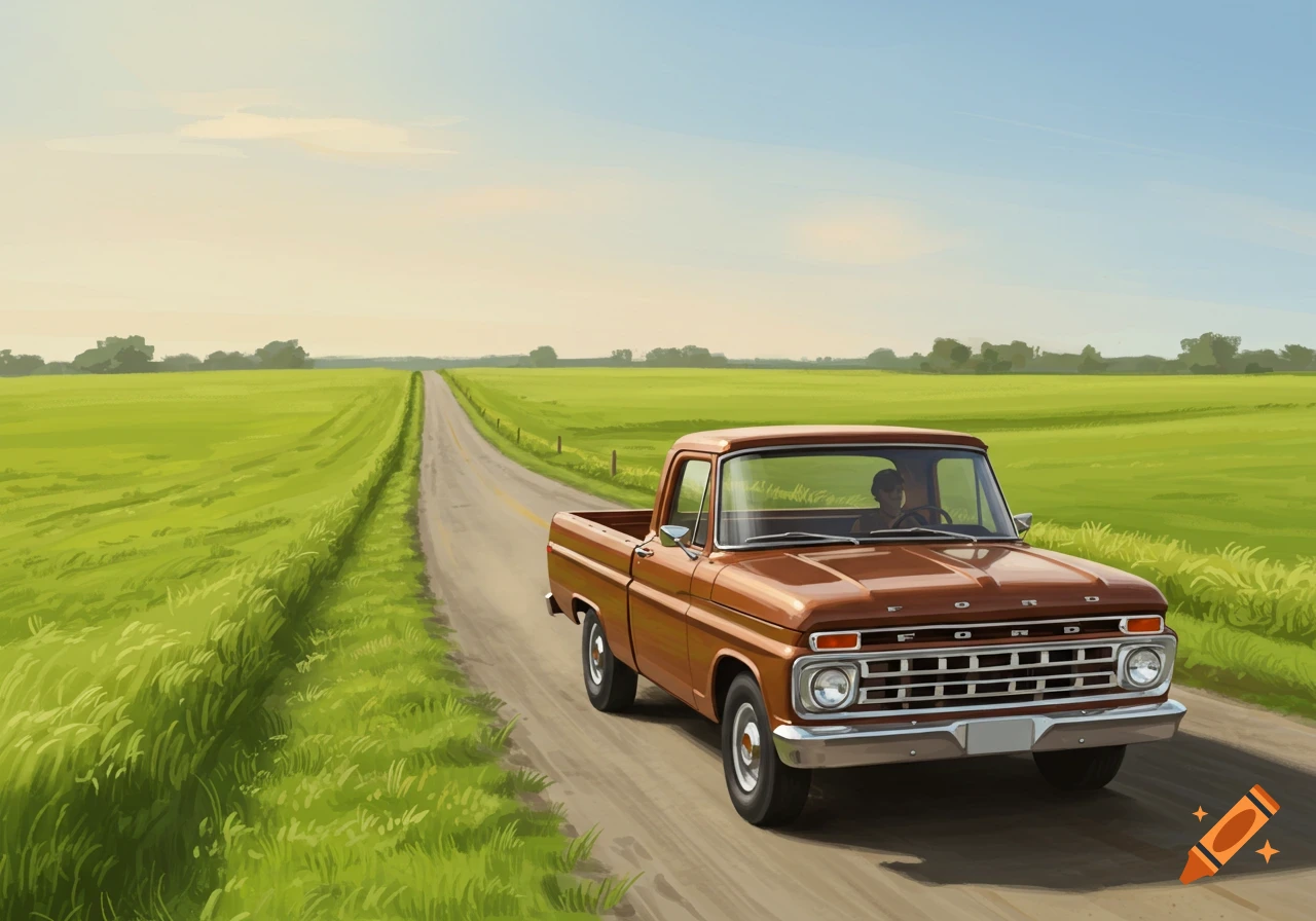 A brown 1965 Ford pickup truck drives down a long, narrow road flanked by green fields under a bright sky, digital painting.