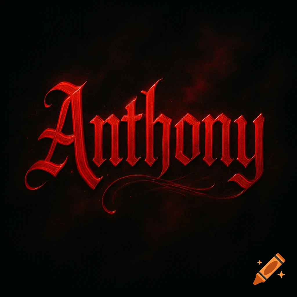 The name Anthony in a stylized red gothic font on a dark, smoky background.