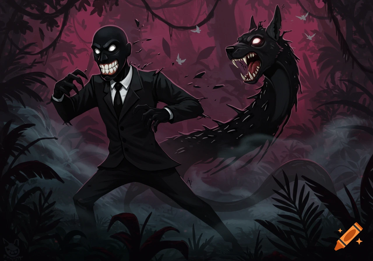 A cartoon man in a black suit with a wide grin transforms into a black, spiky dog-like monster in a dark jungle.