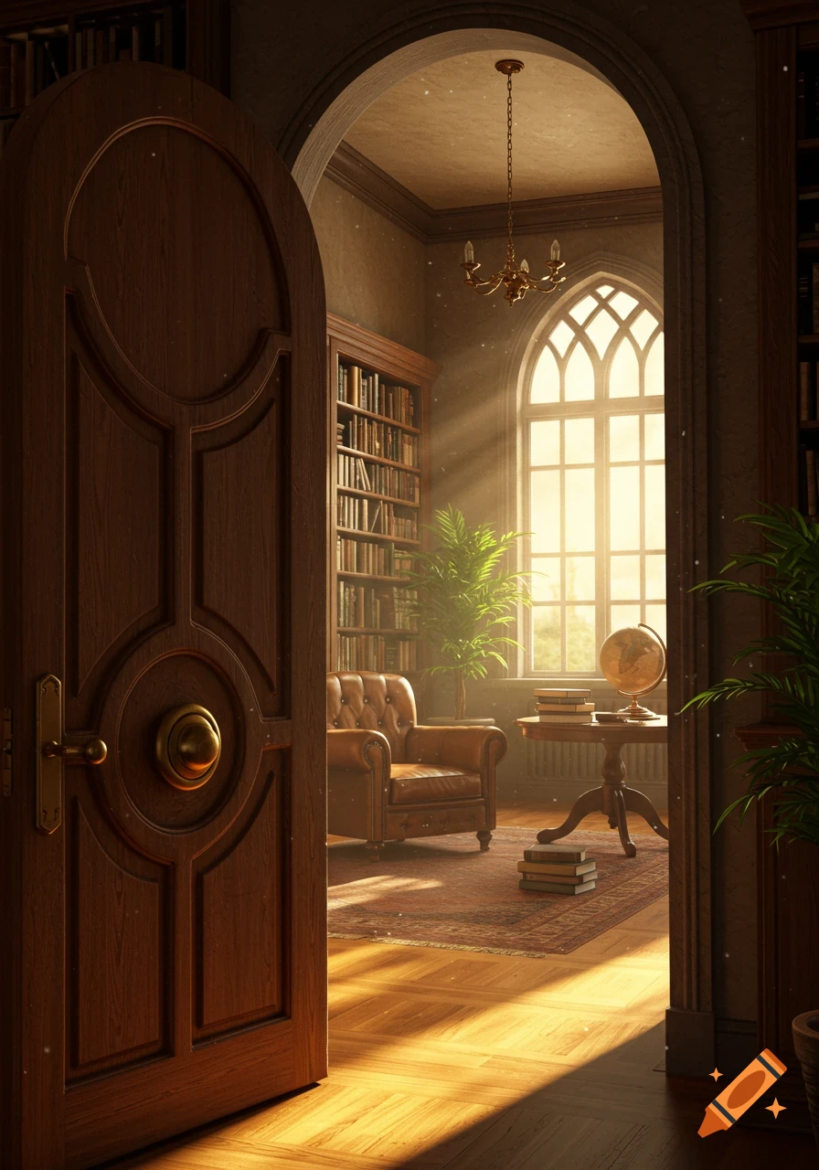View through an open wooden door into a sunlit, classic library with bookshelves, a leather armchair, and a gothic window.