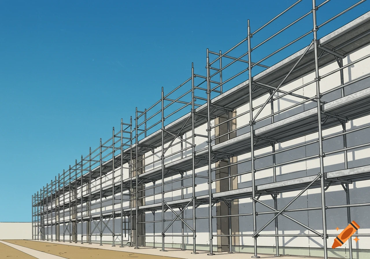 Illustration of metal scaffolding against a light-colored building under a clear blue sky.