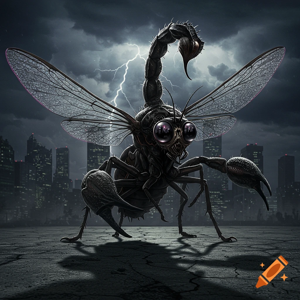 A giant, winged scorpion-fly creature with dark, bulbous eyes stands on a cracked street in front of a dystopian city skyline under a lightning storm.