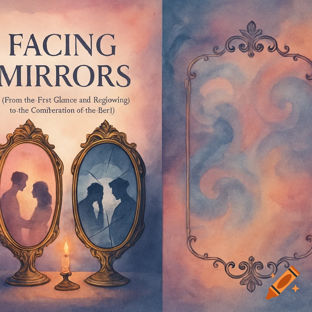 Watercolor book cover: 'Facing Mirrors' title, two ornate mirrors with couple silhouettes, and a lit candle.