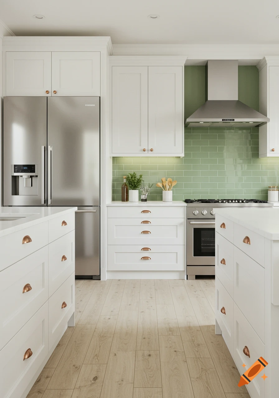 A modern kitchen with white cabinets, white countertops, a sage green subway tile backsplash, stainless steel appliances, and light wood flooring.
