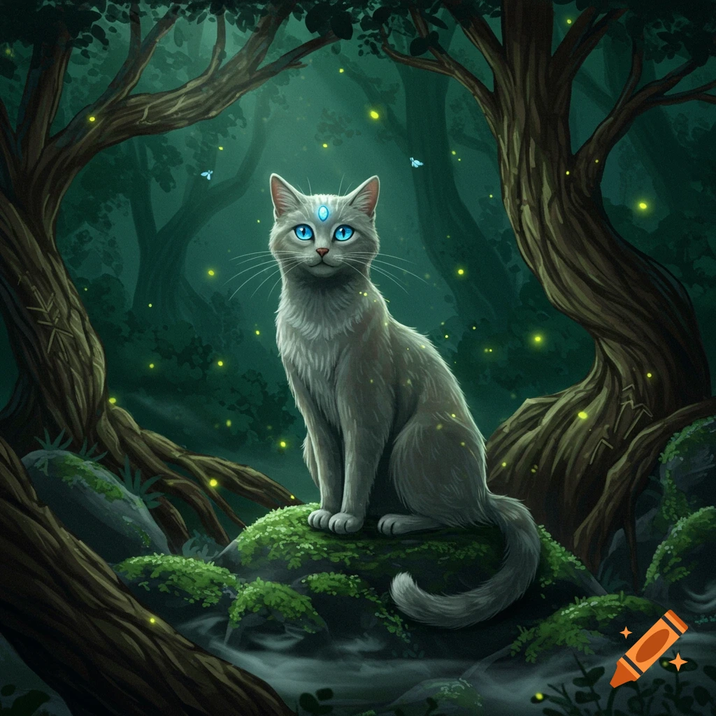 A mystical gray cat with glowing blue eyes and a forehead gem sits on mossy rocks in a dark forest filled with fireflies, digital art.