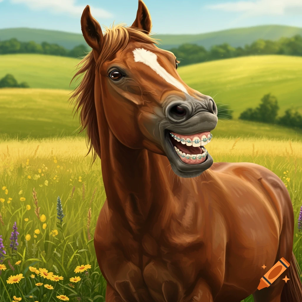 An illustrated brown horse with braces smiles in a sunny field of yellow and purple wildflowers.