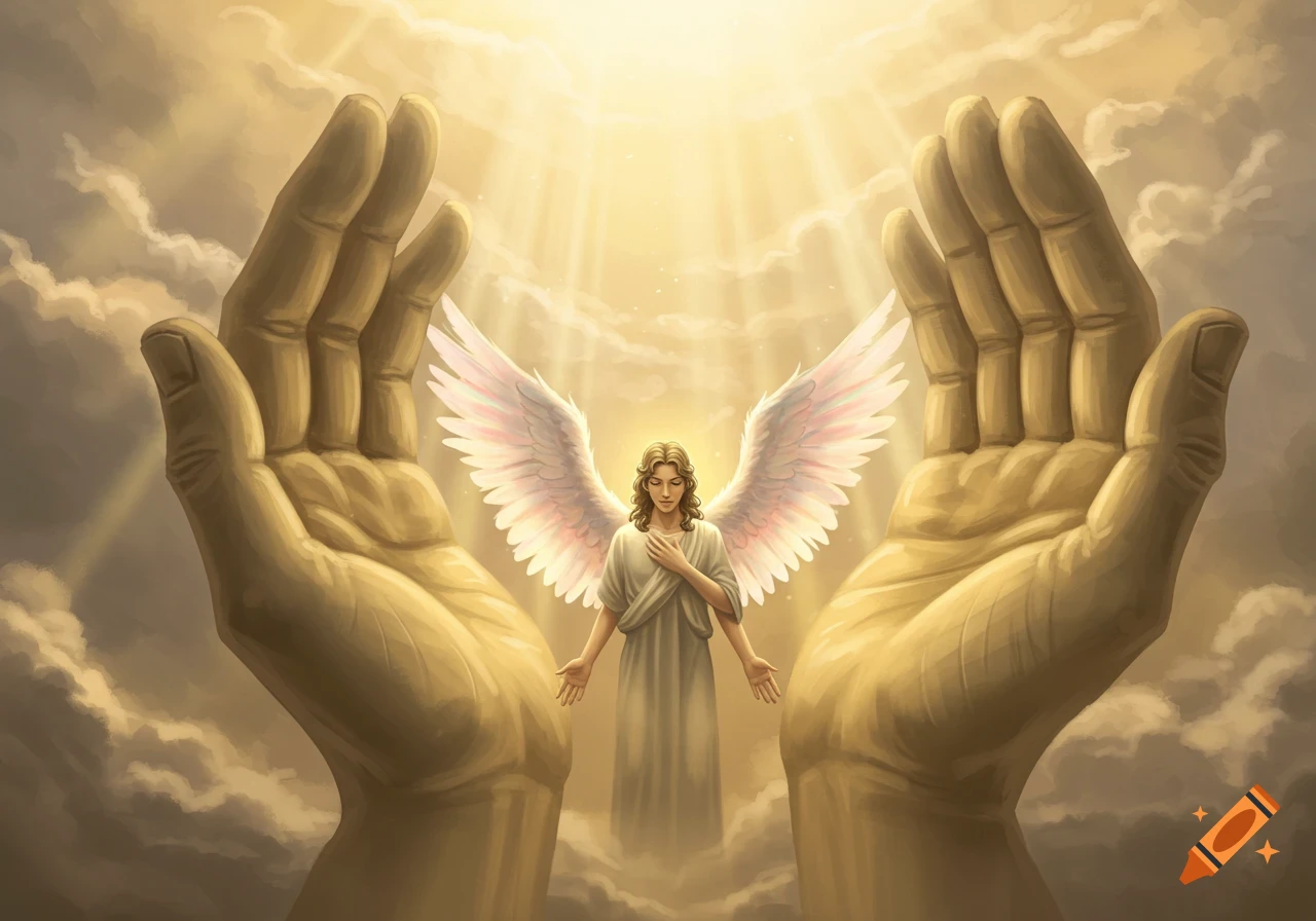 Digital illustration of an angel with wavy brown hair and white wings, standing in golden light between two large, stylized hands against a cloudy sky.