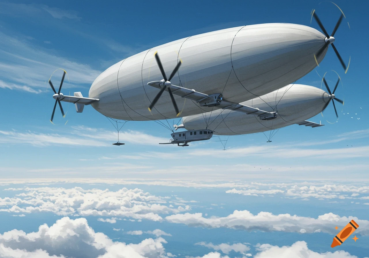 Two large, white blimps with multiple propellers flying high above a layer of white clouds in a blue sky.