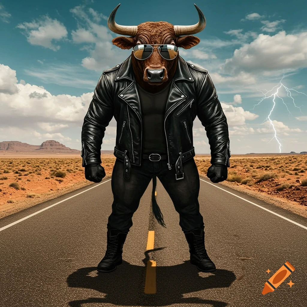 A bull-headed man in a leather biker jacket and sunglasses stands on a desert road with distant mountains and a lightning strike.